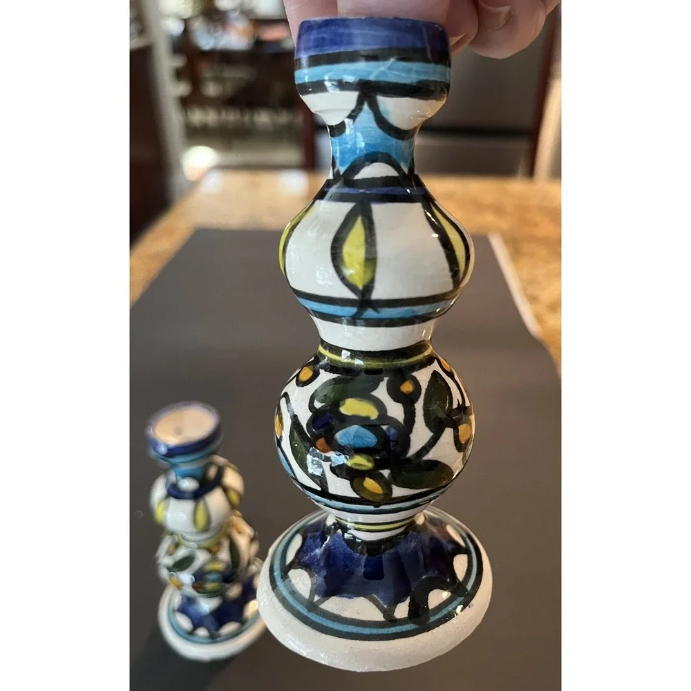 Israeli Ceramic Pottery Iznik Shabat Candlesticks‎ Hand Painted